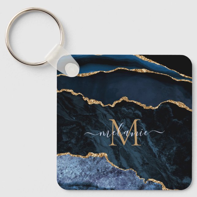 Monogram Name Agate Navy Blue Gold Gemstone Marble Key Ring (Front)