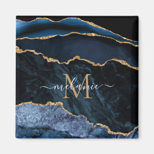 Monogram Name Agate Navy Blue Gold Gemstone Marble Magnet