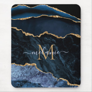Monogram Name Agate Navy Blue Gold Gemstone Marble Mouse Mat