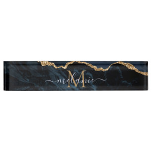Monogram Name Agate Navy Blue Gold Gemstone Marble Nameplate