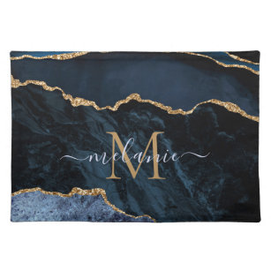 Monogram Name Agate Navy Blue Gold Gemstone Marble Placemat