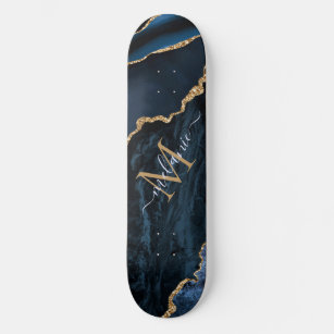 Monogram Name Agate Navy Blue Gold Gemstone Marble Skateboard
