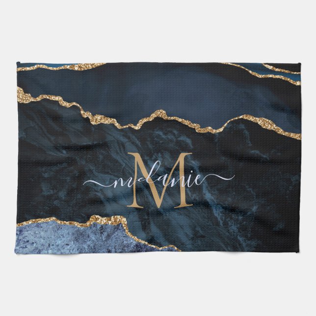 Monogram Name Agate Navy Blue Gold Gemstone Marble Tea Towel (Horizontal)