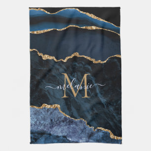 Monogram Name Agate Navy Blue Gold Gemstone Marble Tea Towel