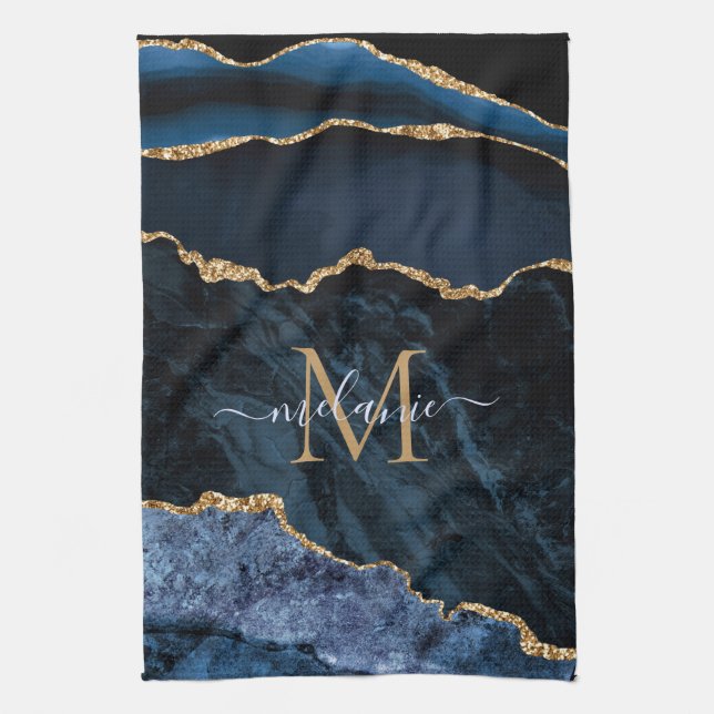 Monogram Name Agate Navy Blue Gold Gemstone Marble Tea Towel (Vertical)