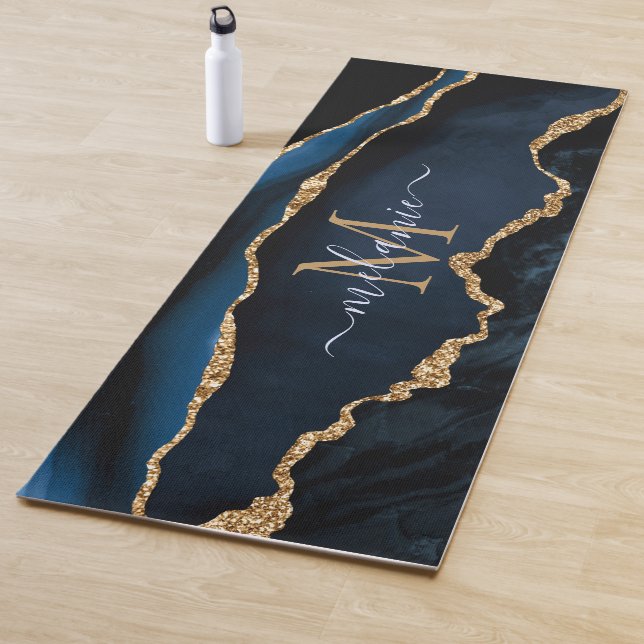 Monogram Name Agate Navy Blue Gold Gemstone Marble Yoga Mat (In Situ)