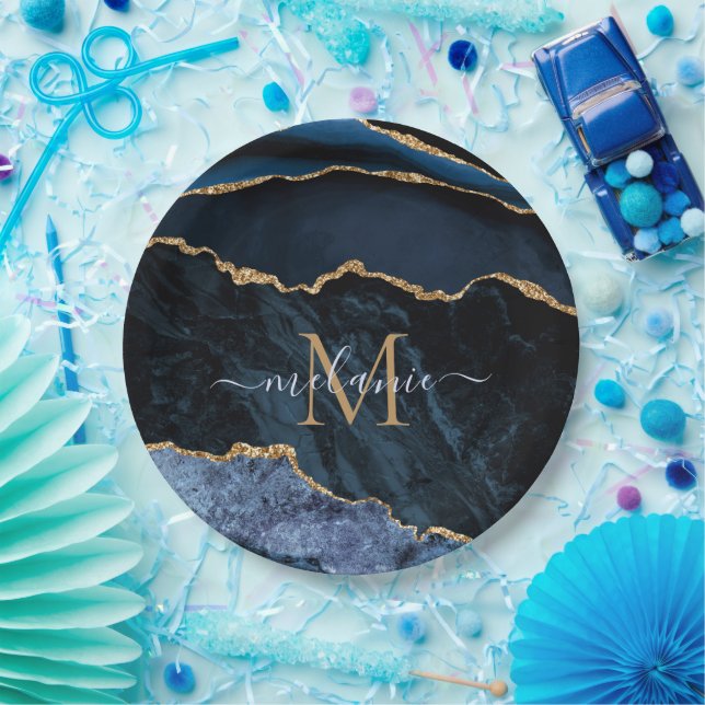 Monogram Name Agate Navy Blue Gold Paper Plates (Party)