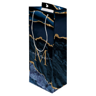 Monogram Name Agate Navy Blue Gold Wine Gift Bag