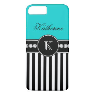 Monogram Name Aqua Black Striped Pattern iPhone 8 Plus/7 Plus Case