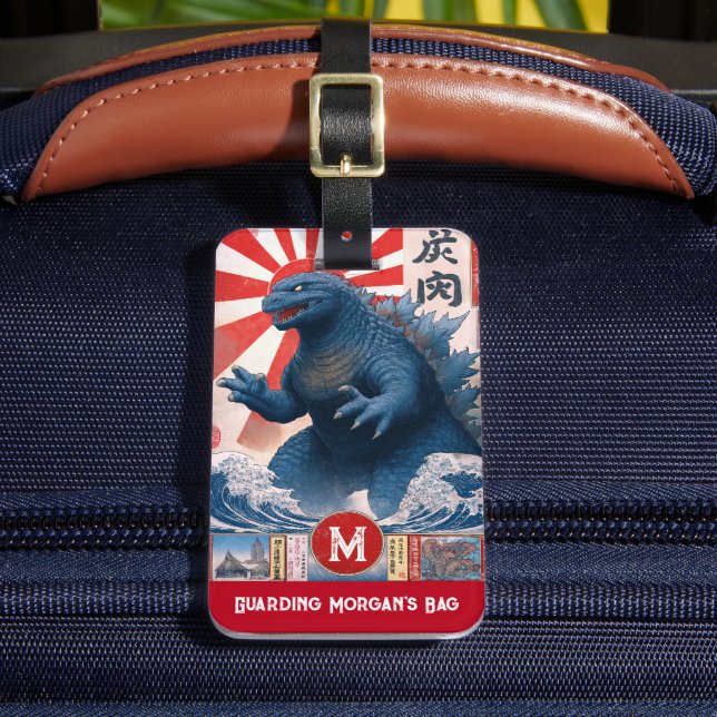Monogram Name Asian Lizard Monster Funny Retro Luggage Tag (Front Insitu 2)