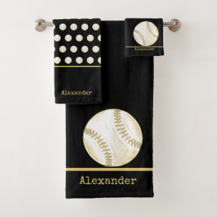 Monogram name  Baseball Gold Black  Bath Towel Set