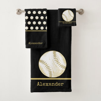 Monogram name  Baseball Gold Black  Bath Towel Set