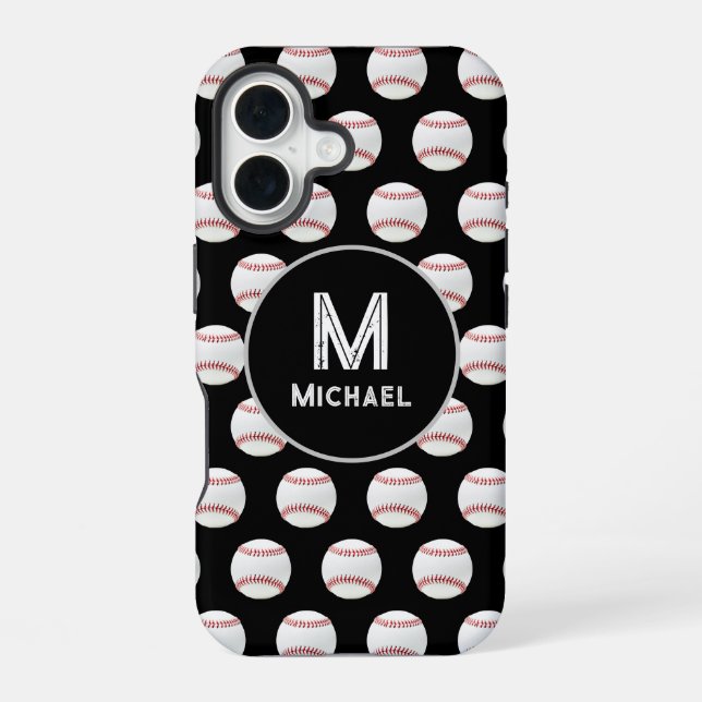 Monogram Name Baseball Seamless Pattern Black  iPhone 16 Case (Back)