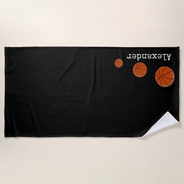 Monogram name Basketball orange on Black Beach Towel (Front)