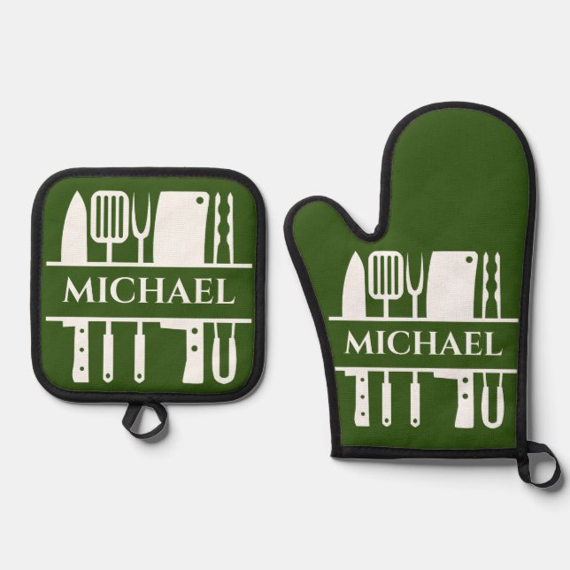 Monogram Name BBQ Chef Cook Grilling Oven Mitt & Pot Holder Set (Front)