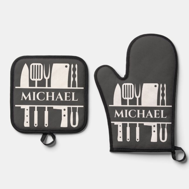 Monogram Name BBQ Chef Cook Grilling Oven Mitt & Pot Holder Set (Front)