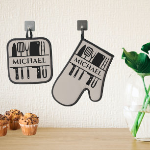 Monogram Name BBQ Chef Cook Grilling Oven Mitt & Pot Holder Set