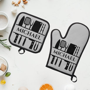 Monogram Name BBQ Chef Cook Grilling Oven Mitt & Pot Holder Set