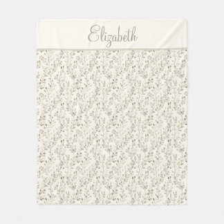 Monogram Name Beige Gray Brown Botanical Neutral Fleece Blanket