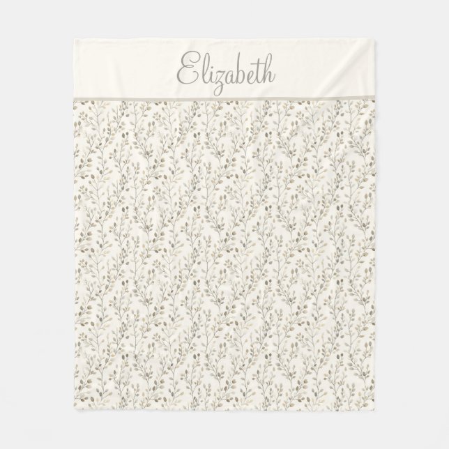 Monogram Name Beige Gray Brown Botanical Neutral  Fleece Blanket (Front)