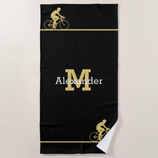 Monogram Name Bicycle Gold Black Bath / Beach Towel