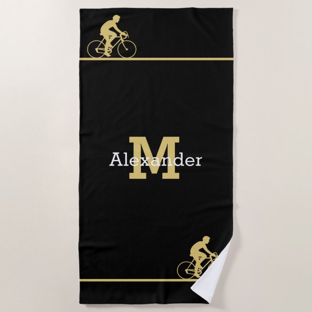 Monogram Name Bicycle Gold Black Bath / Beach Towel (Front)