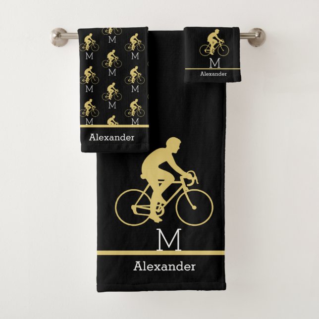 Monogram Name Bicycle Gold Black Bath Towel Set (Insitu)