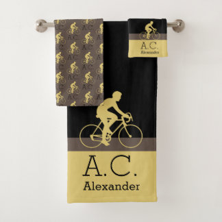 Monogram Name Bicycle Gold Black Grey | Beige Bath Towel Set