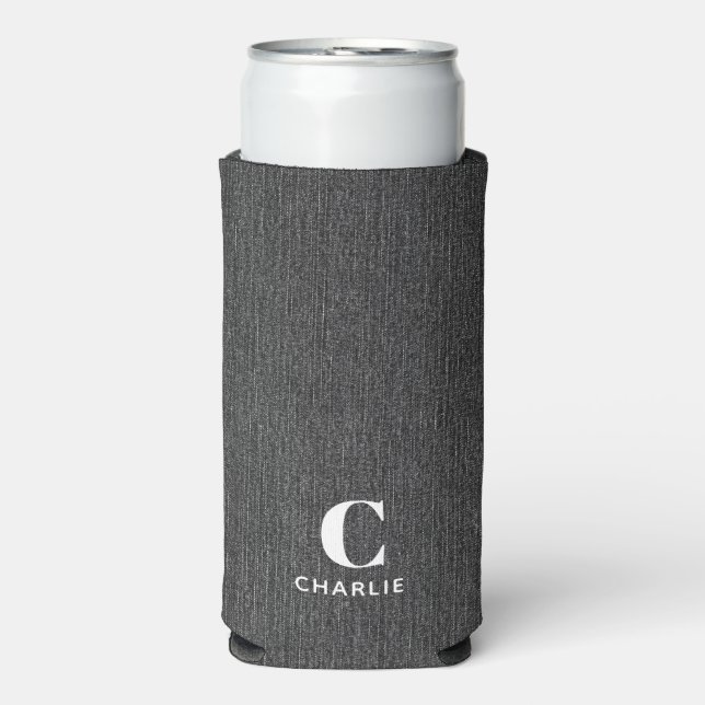 Monogram Name Black Denim Print Slim Seltzer Can Cooler (Seltzer Front)