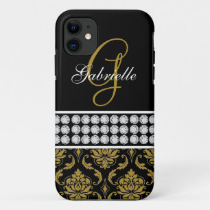 Monogram Name Black Gold Damask iPhone 5 Case