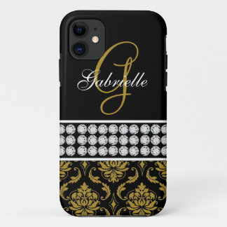 Monogram Name Black Gold Damask iPhone 5 Case