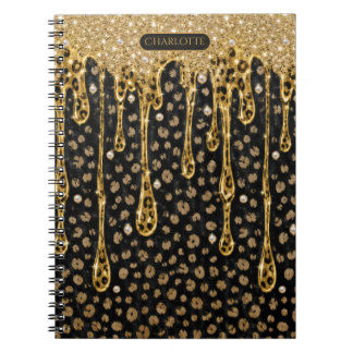 Monogram Name Black Gold Dripping Glitter Glam Notebook