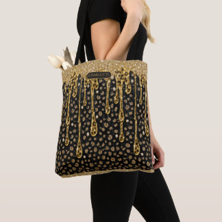 Monogram Name Black Gold Dripping Glitter Glam Tote Bag