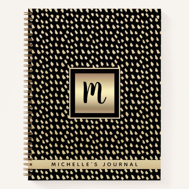 Monogram name black gold foil modern script luxury notebook (Front)