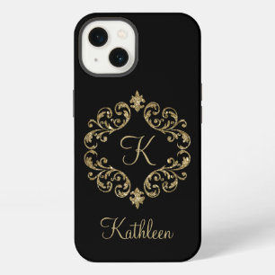 Monogram Name Black Gold Glitter Damask Flourish iPhone 13 Case