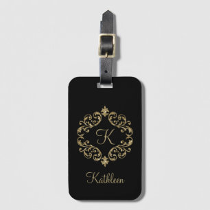 Monogram Name Black Gold Glitter Damask Flourish Luggage Tag