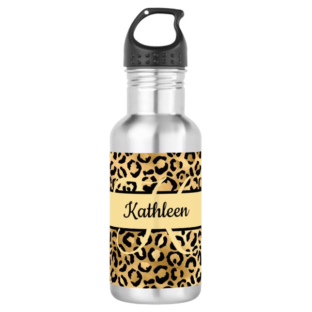 Monogram Name Black Gold Leopard Cheetah Print 532 Ml Water Bottle (Front)