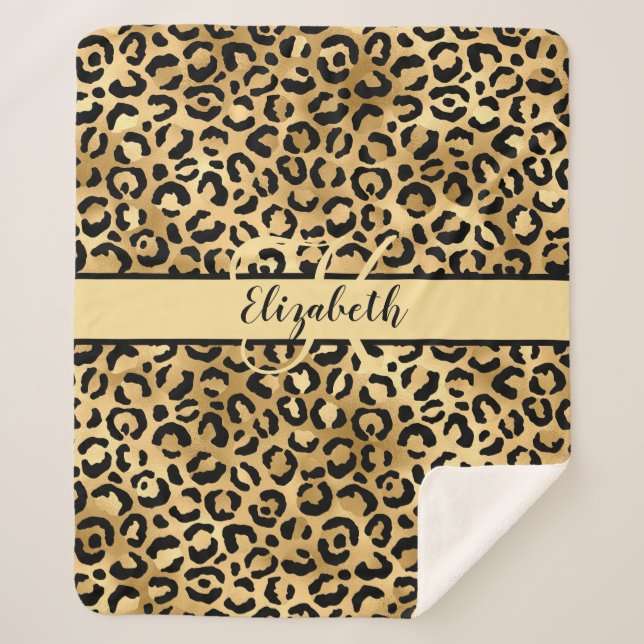 Monogram Name Black Gold Leopard Cheetah Print She Sherpa Blanket (Front)
