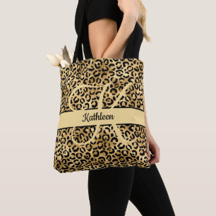 Monogram Name Black Gold Leopard Print Bridesmaid Tote Bag