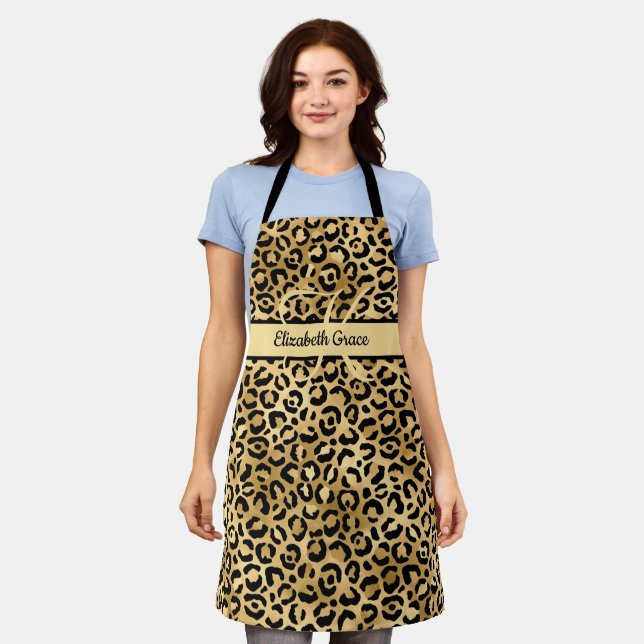 Monogram Name Black Gold Leopard Print Cheetah Apron (Worn)