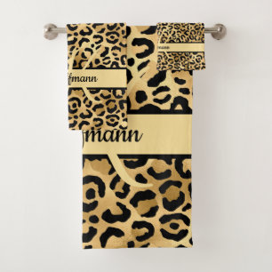 Monogram Name Black Gold Leopard Print Cheetah  Bath Towel Set