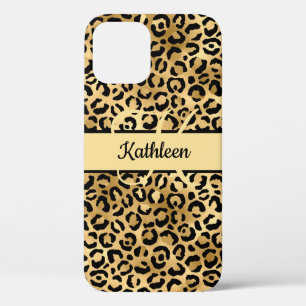 Monogram Name Black Gold Leopard Print Cheetah  iPhone 12 Pro Case