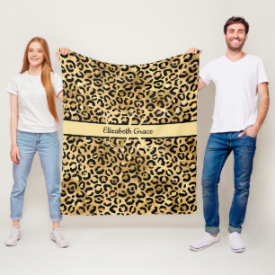 Monogram Name Black Gold Leopard Print Cheetah  Fleece Blanket