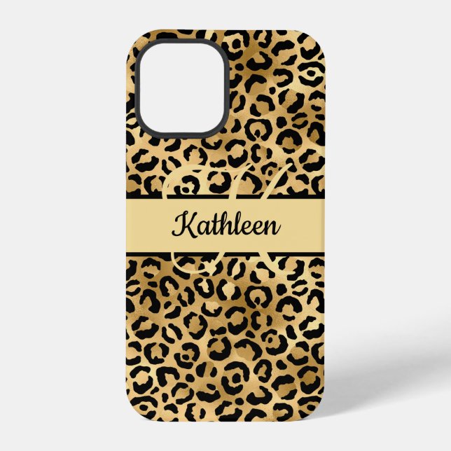 Monogram Name Black Gold Leopard Print Cheetah  iPhone Case (Back)