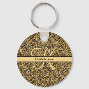 Monogram Name Black Gold Leopard Print Cheetah Key Ring
