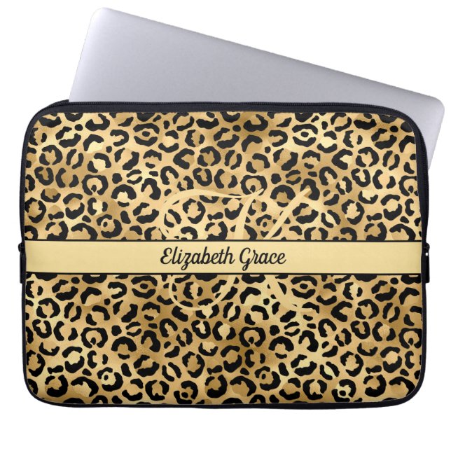 Monogram Name Black Gold Leopard Print Cheetah Laptop Sleeve (Front)