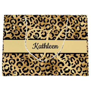 Monogram Name Black Gold Leopard Print Cheetah Large Gift Bag