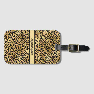 Monogram Name Black Gold Leopard Print Cheetah Luggage Tag