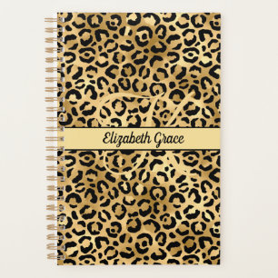Monogram Name Black Gold Leopard Print Cheetah  Planner