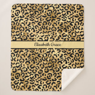 Monogram Name Black Gold Leopard Print Cheetah Sherpa Blanket